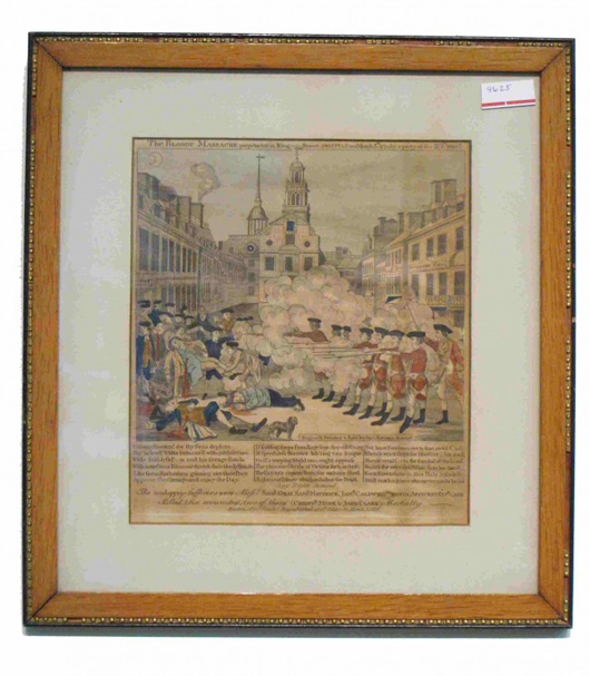 ‘The Bloody Massacre,’ a hand-colored 1832 engraving after Paul Revere’s 1770 original, mustered $3,290. Image courtesy of Gordon S. Converse & Co.